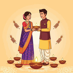 A couple in traditional Indian attire celebrates Diwali, holding a diya and surrounded by diyas and sparklers.