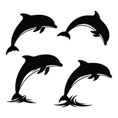 Four dynamic silhouette dolphins leaping gracefully through ocean waves artistic design element for aquatic marine themes silhouette