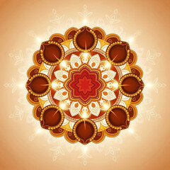 A beautiful, glowing mandala design made of traditional Indian oil lamps, or diyas, for the Diwali festival celebration.