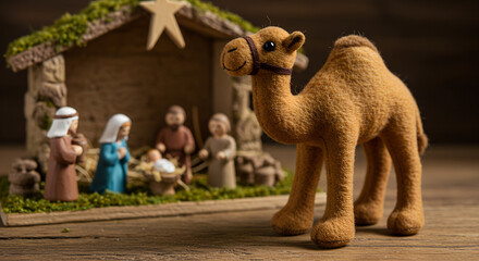 Toy camel figurine positioned near wooden nativity scene display  