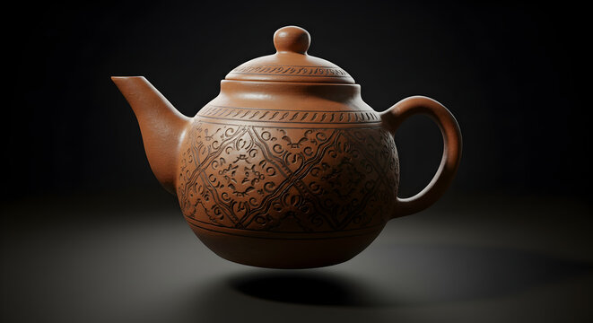 An elegant earthenware tea pot displaying rich ethnic patterns and rustic textures, perfect for tea ceremony concepts