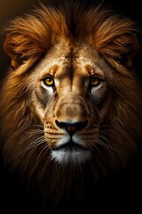Fototapeta premium Highly detailed majestic lion portrait with intense golden eyes and rich textured mane captured against a dark background for wildlife and artistic design