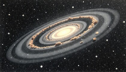 A depiction of a spiral galaxy with a bright center surrounded by rings of stars and dust clouds