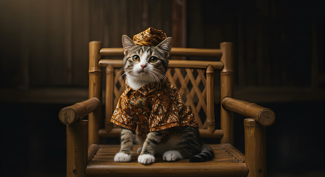 Cute domestic cat wearing traditional Javanese batik shirt and blangkon, sitting on a classic bamboo chair.