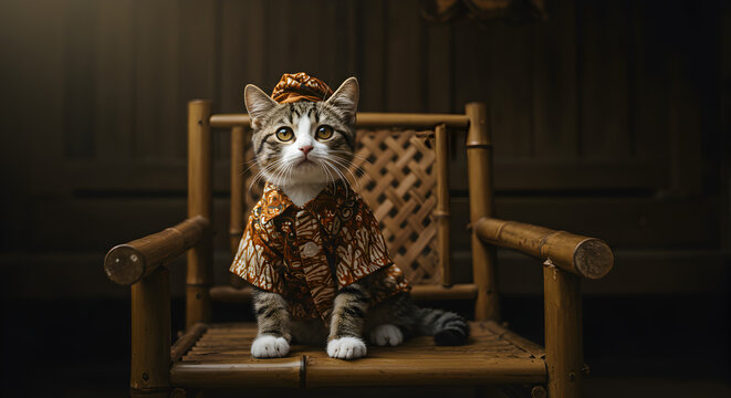 Cute domestic cat wearing traditional Javanese batik shirt and blangkon, sitting on a classic bamboo chair.
