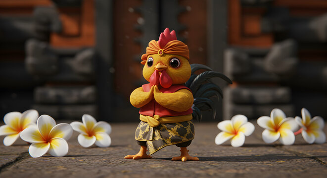 Cute 3D rooster character wearing Javanese traditional batik clothes and blangkon, posing in a welcoming greeting gesture.
