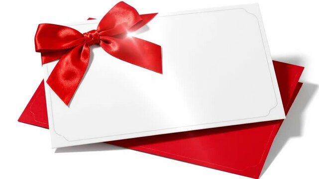 A beautiful blank white greeting card with an elegant red ribbon and bow on a red envelope perfect for invitations, announcements, and special messages for any holiday or occasion