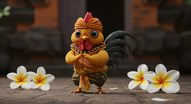 Cute 3D rooster character wearing Javanese traditional batik clothes and blangkon, posing in a welcoming greeting gesture.