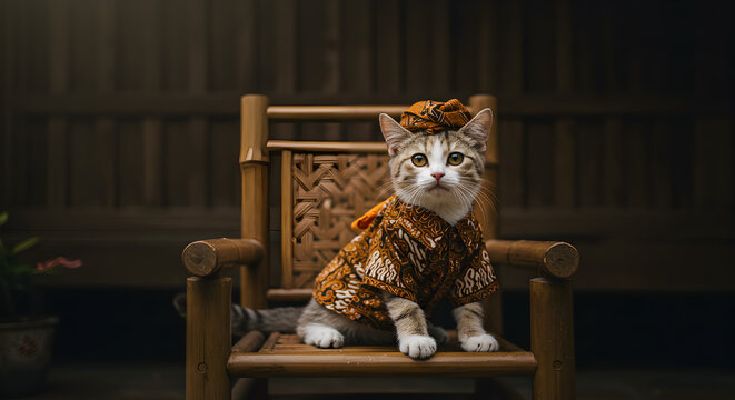 Cute domestic cat wearing traditional Javanese batik shirt and blangkon, sitting on a classic bamboo chair.