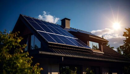 Fototapeta premium Modern Home Rooftop Solar Panels Gleaming Under Bright Sun and Blue Sky