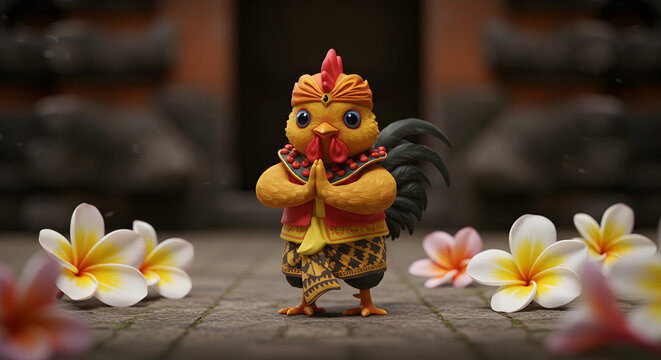 Cute 3D rooster character wearing Javanese traditional batik clothes and blangkon, posing in a welcoming greeting gesture.
