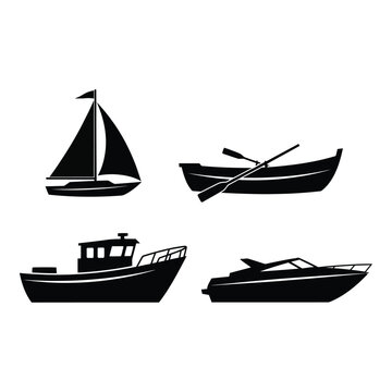 Four silhouette nautical vessels including sailboat rowboat motorboat and yacht for maritime transportation and water recreation themes silhouette