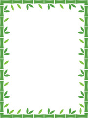 Green Bamboo Stalks and Leaves Rectangular Frame on White Background - Vector Border

