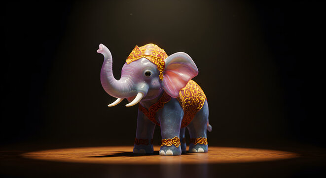 Cute 3D character of a baby elephant wearing traditional Indonesian royal attire with a golden headpiece