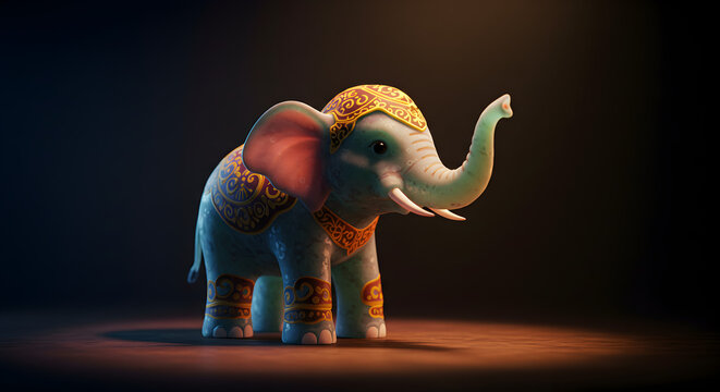 Cute 3D character of a baby elephant wearing traditional Indonesian royal attire with a golden headpiece