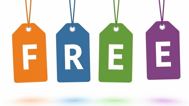 Colorful hanging price tags spelling out the word "FREE" on a clean white background perfect for promotions, giveaways, and special offers in retail and e-commerce videos
