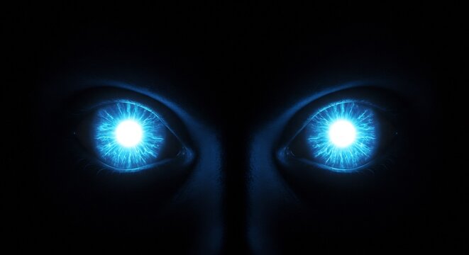 Intense bright blue glowing eyes piercing through darkness a mysterious futuristic digital gaze. AI Generated