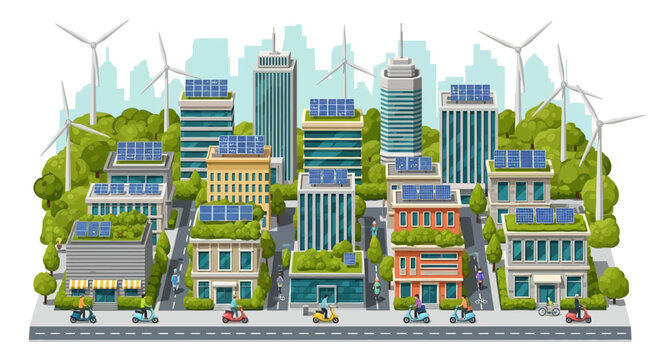 Vibrant Eco-City Vision Modern Urban Landscape with Sustainable Architecture, Renewable Energy Sources, and Clean Transportation for a Greener Future