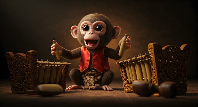 Cute 3D monkey character wearing traditional red vest, happily playing the Javanese gamelan musical instrument