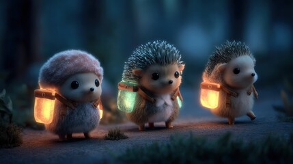 Three cute hedgehogs carrying glowing lanterns walk through a forest, lighting their way