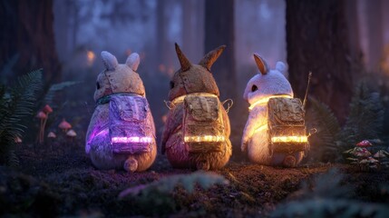 Trio of bunny plushies wearing glowing backpacks amidst forest floor vegetation & mushrooms in ethereal, soft lighting