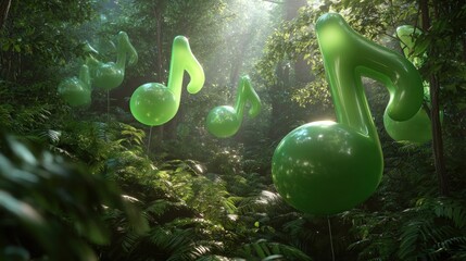 Green music notes float through a lush, verdant forest bathed in dappled sunlight, creating a whimsical scene