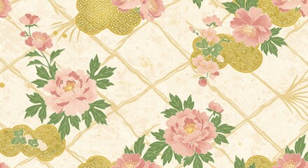 Seamless Traditional Japanese Pattern with Maple Leaves and Chrysanthemums