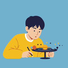 Boy curious about solar system model, holding pencil