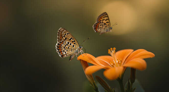 Exquisite macro shot of a small patterned butterfly perched on a vibrant orange lily flower with soft bokeh background