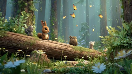 Animated animals perch on a log surrounded by foliage, butterflies, flowers, in bright forest