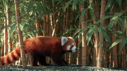 Red panda walks among dense bamboo forest, sunlight filtering through leaves onto rocky ground