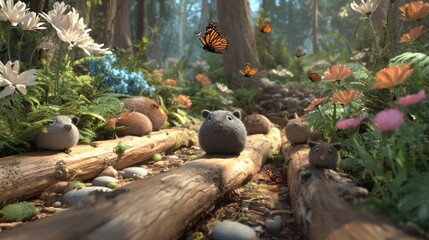 Whimsical forest scene with cute, round creatures and fluttering butterflies on logs amidst vibrant foliage