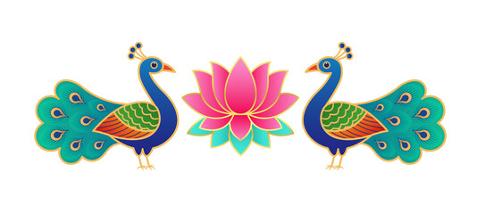 Obraz premium Peacock and lotus ornamental Indian artwork in symmetrical design for decorative, cultural, or festival diwali, wedding