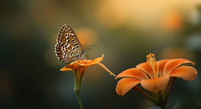 Exquisite macro shot of a small patterned butterfly perched on a vibrant orange lily flower with soft bokeh background