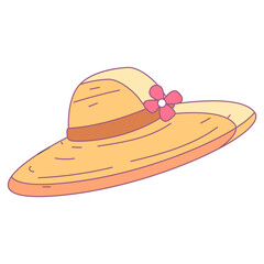 Cartoon Illustration of a Sun Hat with Pink Flower and Brown Ribbon on Transparent Background