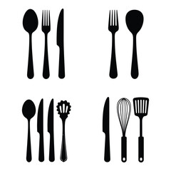 Collection of silhouette kitchen utensils including spoons forks knives whisk and spatula for culinary design and food preparation silhouette
