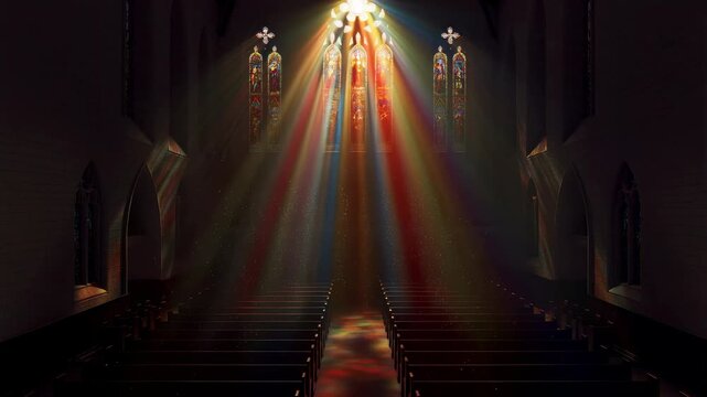 Sunlight Rays Through Stained Glass Windows in Church &ndash; Spiritual and Peaceful Interior