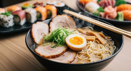 Steaming bowl of traditional japanese ramen with chashu pork, soft boiled egg, and fresh sushi