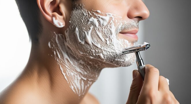 Close up of a man with shaving cream on his face and neck, using a safety razor for morning grooming routine.