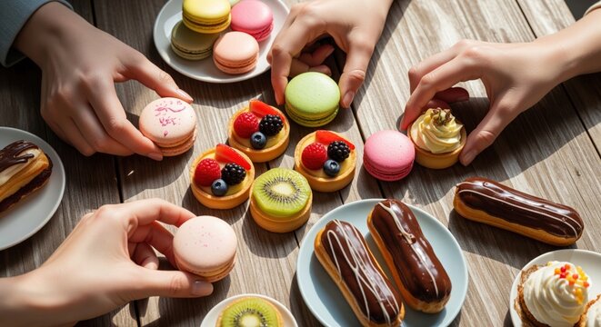 Diverse hands reaching for a colorful assortment of french pastries and sweet desserts on a wooden table - Powered by Adobe