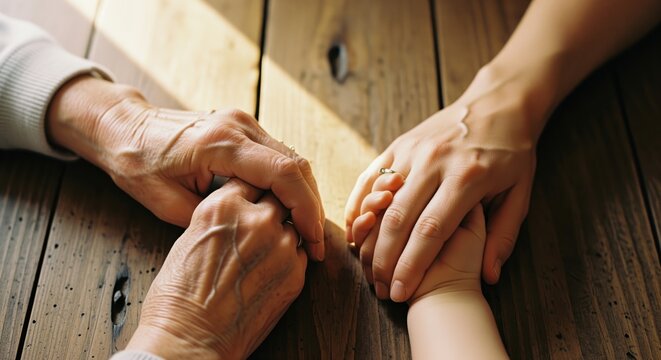 Three generations hands holding, elderly, adult, and baby hands on wooden table - Powered by Adobe
