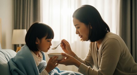Asian chinese mother gently spoon feeding her sick young daughter warm soup in bed