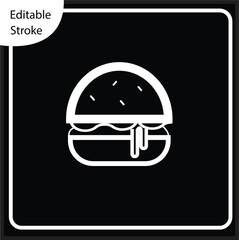 Clean, editable stroke hamburger icon with dripping sauce, in white outline on a dark background. Essential for dark mode food delivery apps, restaurant menus, and culinary digital projects