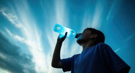 Young boy drinking from a glowing blue water bottle against a vibrant sky, low angle view.