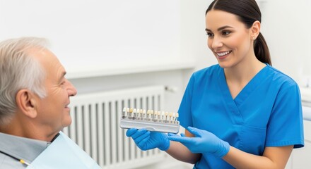 Smiling dental hygienist presents tooth shade guide to elderly male patient in clinic
