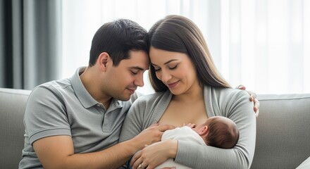 Tender moment of a father embracing his wife while she nurses their newborn infant.