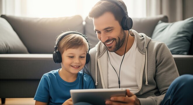 Happy father and son wearing headphones watching content on a digital tablet at home