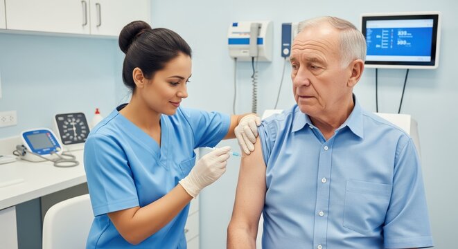 Female nurse administering vaccine to an elderly man in a modern clinic setting