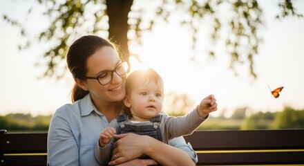 Loving mother and baby share a tender moment on a park bench, child points at a flying butterfly in golden light.