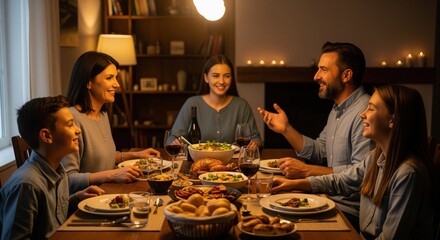 Happy family gathered around a dining table, sharing a festive meal and lively conversation